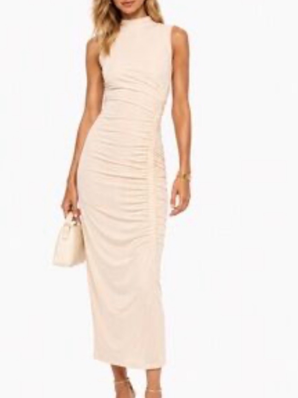 Sleeveless Ruched Midi Dress in Cream - Zara